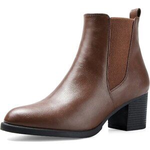 Women's Brown PU Chelsea Boots Chunky Block Heel Slip On Ankle Boot with Elastic